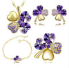 Four-Leaf Clover Crystal Heart Necklace, Bracelet, Earrings & Brooch Fashion Jewelry Set-Jewelry Sets-Innovato Design-Gold Dark Purple-Innovato Design