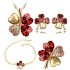 Four-Leaf Clover Crystal Heart Necklace, Bracelet, Earrings & Brooch Fashion Jewelry Set-Jewelry Sets-Innovato Design-Gold Red-Innovato Design