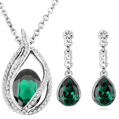 Austrian Crystal Teardrop and Flame Necklace & Earrings Fashion Jewelry Set-Jewelry Sets-Innovato Design-Crystal Green-Innovato Design