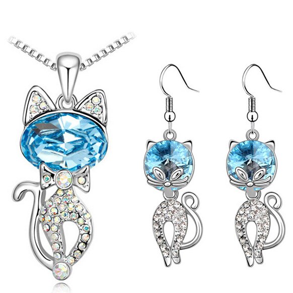Austrian Crystal Cat Necklace & Earrings Fashion Jewelry Set-Jewelry Sets-Innovato Design-Ocean Blue-Innovato Design