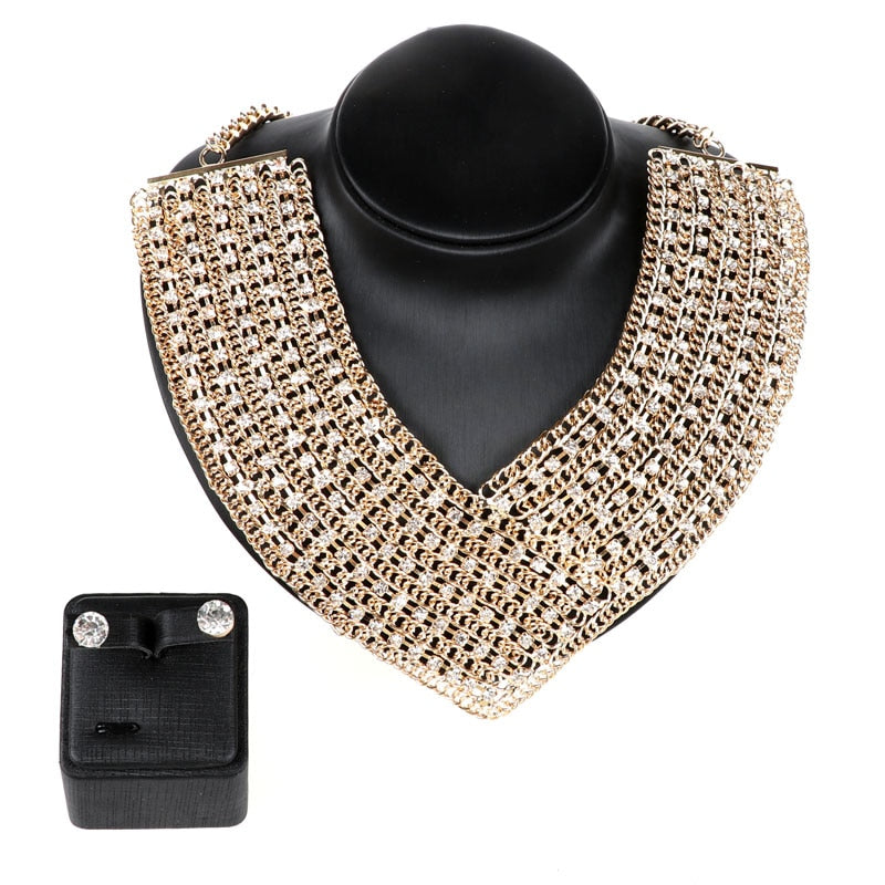 Crystal and Rhinestone Collar Necklace & Earrings Wedding Statement Jewelry Set-Jewelry Sets-Innovato Design-Innovato Design