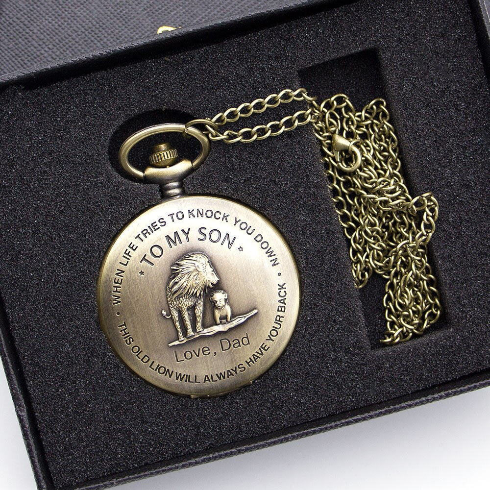 "To My Son Love Dad" Bronze Lion Quartz Necklace Chain Pendant Pocket Watch-Pocket Watch-Innovato Design-Innovato Design