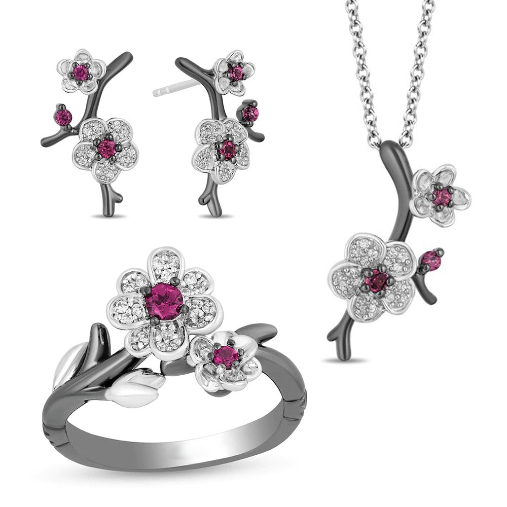 Plum Blossom Flower Crystal Necklace, Earrings & Ring Jewelry Set-Jewelry Sets-Innovato Design-6-Innovato Design