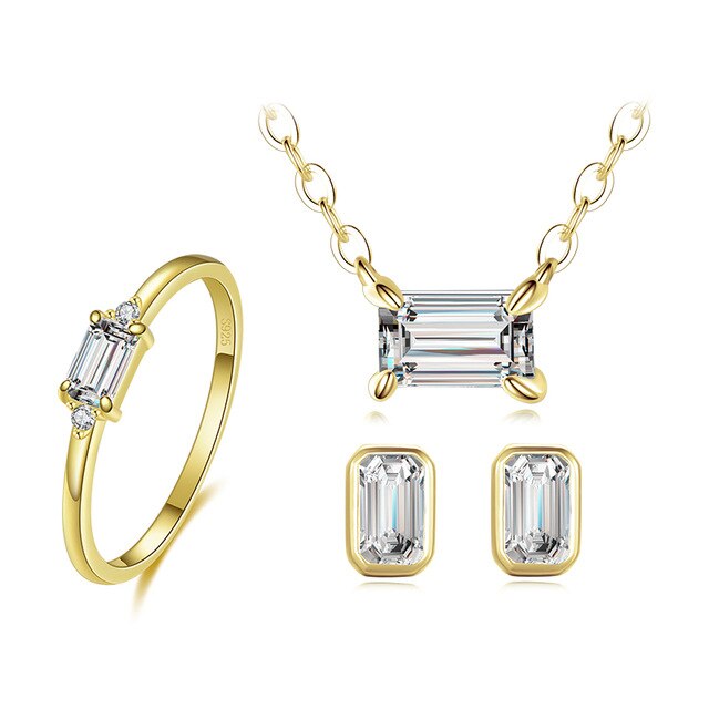 Classic Emerald Cut Cubic Zirconia 925 Sterling Silver Necklace, Earrings & Ring Wedding Jewelry Set-Jewelry Sets-Innovato Design-Gold-5-Innovato Design