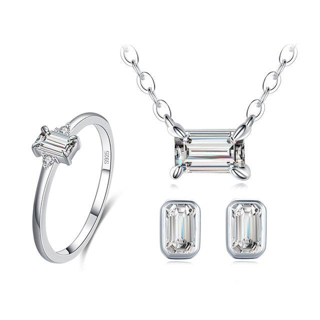 Classic Emerald Cut Cubic Zirconia 925 Sterling Silver Necklace, Earrings & Ring Wedding Jewelry Set-Jewelry Sets-Innovato Design-Silver-6-Innovato Design