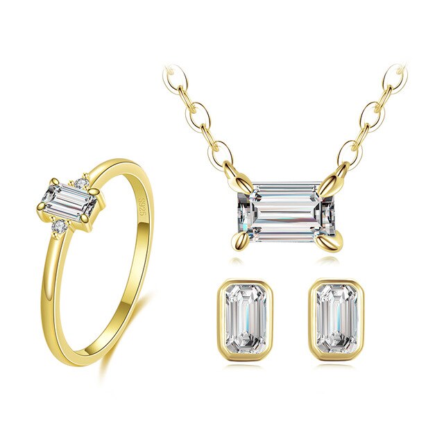 Classic Emerald Cut Cubic Zirconia 925 Sterling Silver Necklace, Earrings & Ring Wedding Jewelry Set-Jewelry Sets-Innovato Design-Gold-9-Innovato Design