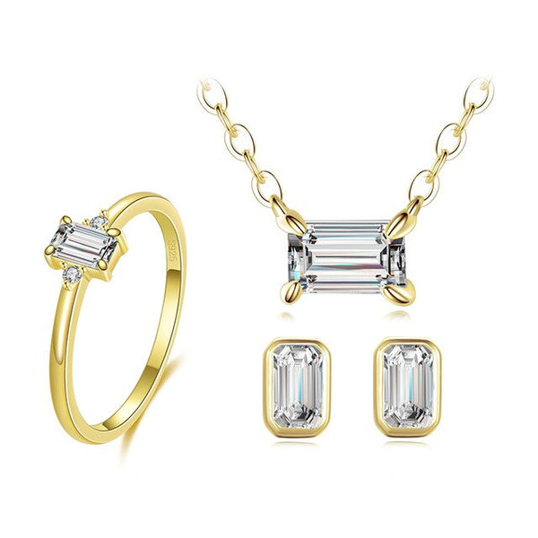 Classic Emerald Cut Cubic Zirconia 925 Sterling Silver Necklace, Earrings & Ring Wedding Jewelry Set