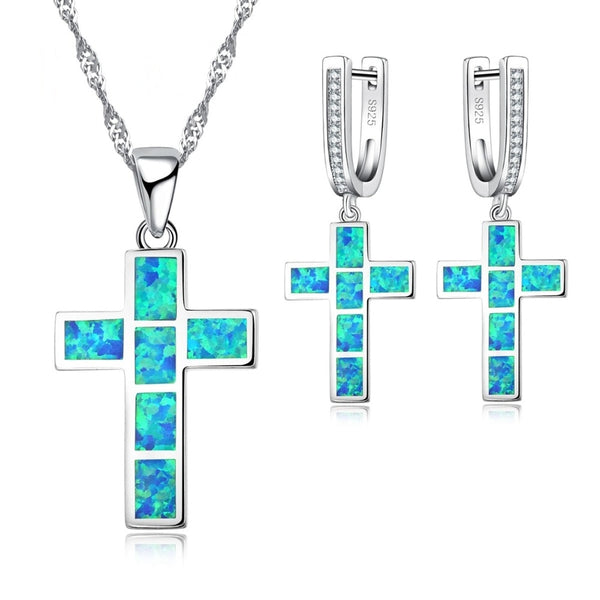 Classic Cross Fire Opal Necklace & Earrings Jewelry Set-Jewelry Sets-Innovato Design-Blue-Innovato Design