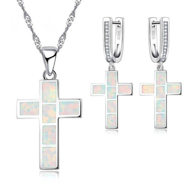Classic Cross Fire Opal Necklace & Earrings Jewelry Set-Jewelry Sets-Innovato Design-White-Innovato Design
