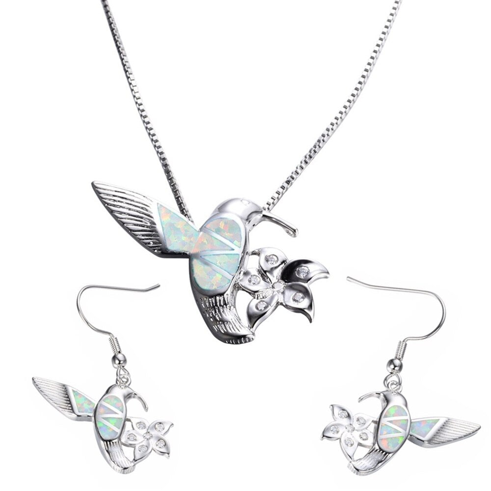 Hummingbird Fire Opal and Flower Necklace & Earrings Trendy Fashion Jewelry Set-Jewelry Sets-Innovato Design-Purple-Innovato Design