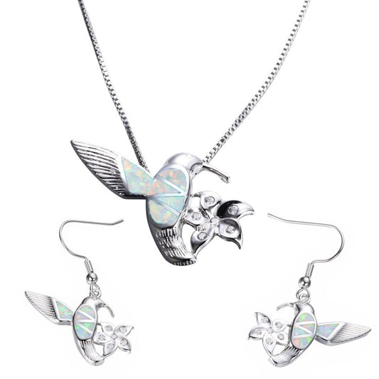 Hummingbird Fire Opal and Flower Necklace & Earrings Trendy Fashion Jewelry Set