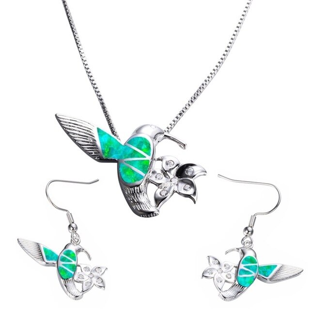 Hummingbird Fire Opal and Flower Necklace & Earrings Trendy Fashion Jewelry Set-Jewelry Sets-Innovato Design-Green-Innovato Design