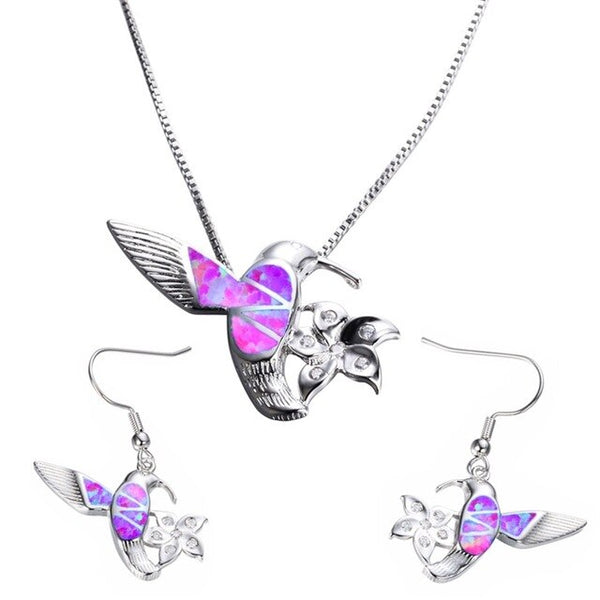 Hummingbird Fire Opal and Flower Necklace & Earrings Trendy Fashion Jewelry Set-Jewelry Sets-Innovato Design-Purple-Innovato Design