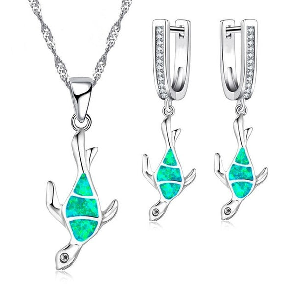 Cute Sea Turtle Fire Opal Necklace & Earrings Classic Fashion Jewelry Set