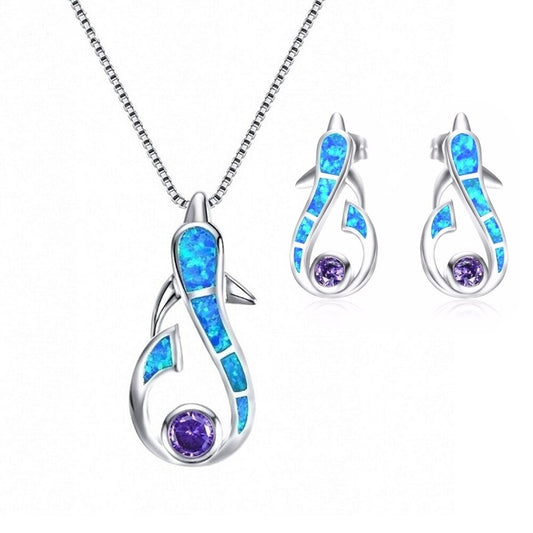 Cute Dolphin Fire Opal Necklace & Earrings Trendy Jewelry Set-Jewelry Sets-Innovato Design-Green-Innovato Design
