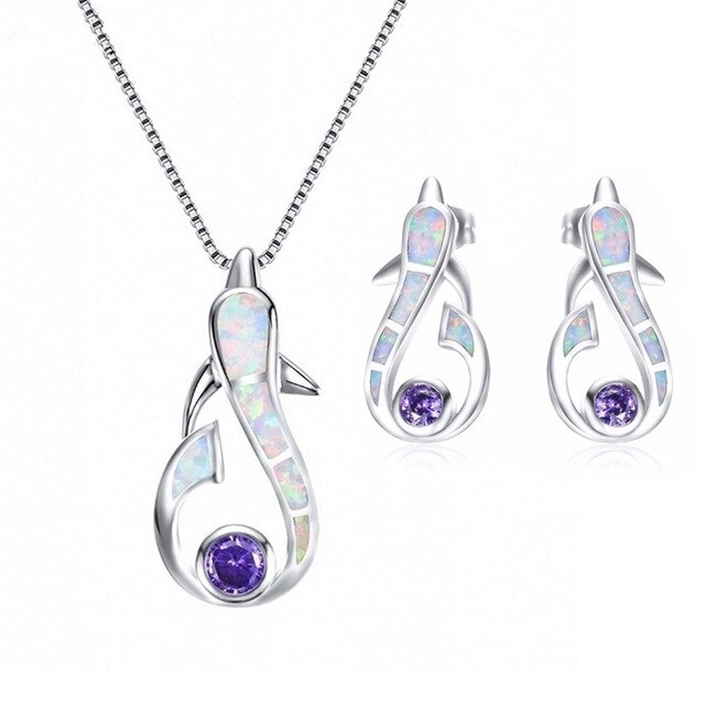 Cute Dolphin Fire Opal Necklace & Earrings Trendy Jewelry Set-Jewelry Sets-Innovato Design-White-Innovato Design