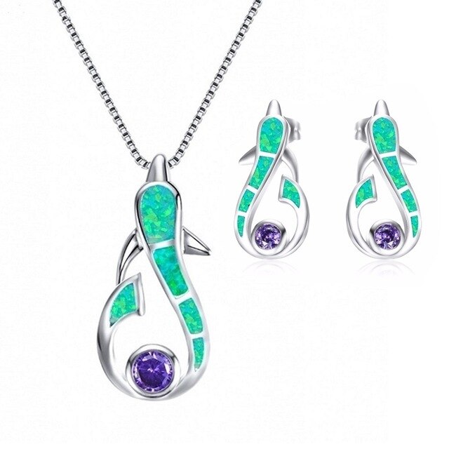 Cute Dolphin Fire Opal Necklace & Earrings Trendy Jewelry Set-Jewelry Sets-Innovato Design-Green-Innovato Design