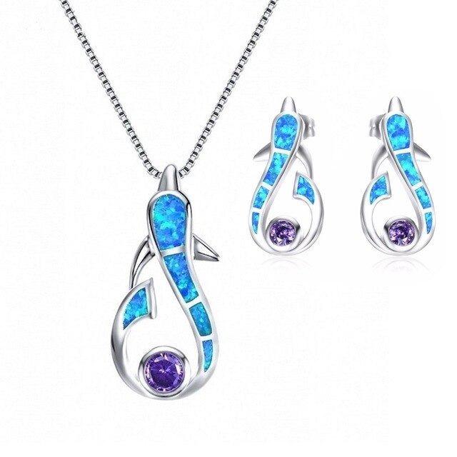 Cute Dolphin Fire Opal Necklace & Earrings Trendy Jewelry Set-Jewelry Sets-Innovato Design-Blue-Innovato Design