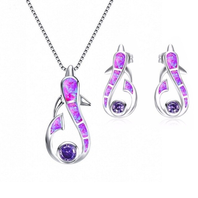 Cute Dolphin Fire Opal Necklace & Earrings Trendy Jewelry Set-Jewelry Sets-Innovato Design-Purple-Innovato Design