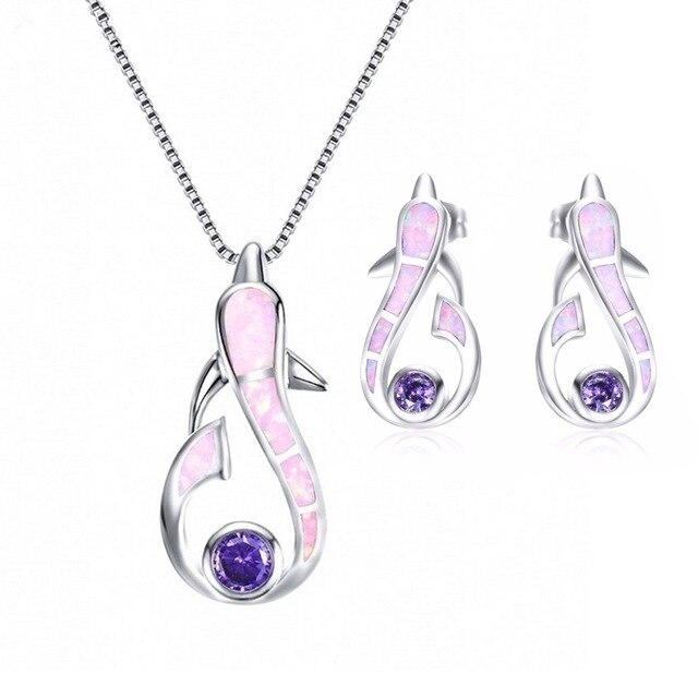 Cute Dolphin Fire Opal Necklace & Earrings Trendy Jewelry Set-Jewelry Sets-Innovato Design-Pink-Innovato Design