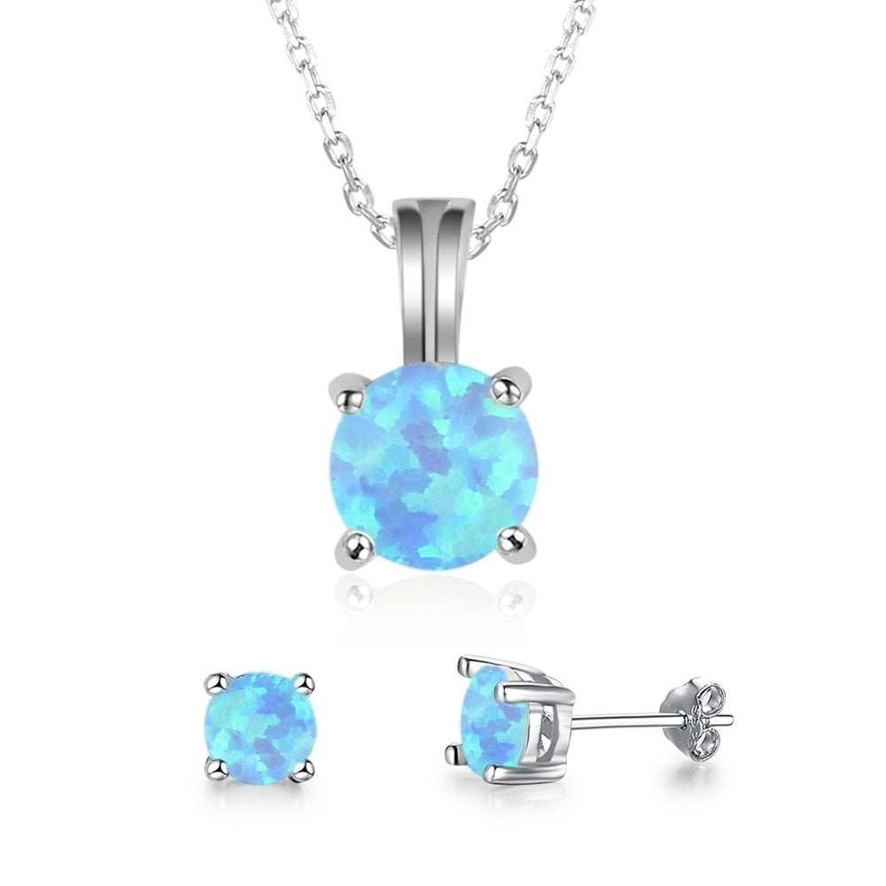 Cute Round Fire Opal Necklace & Stud Earrings Trendy Fashion Jewelry Set-Jewelry Sets-Innovato Design-White-Innovato Design