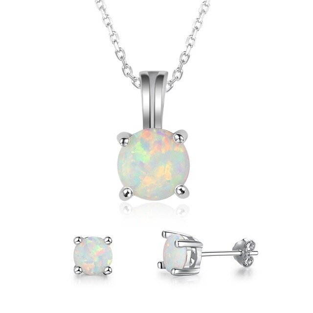 Cute Round Fire Opal Necklace & Stud Earrings Trendy Fashion Jewelry Set-Jewelry Sets-Innovato Design-White-Innovato Design