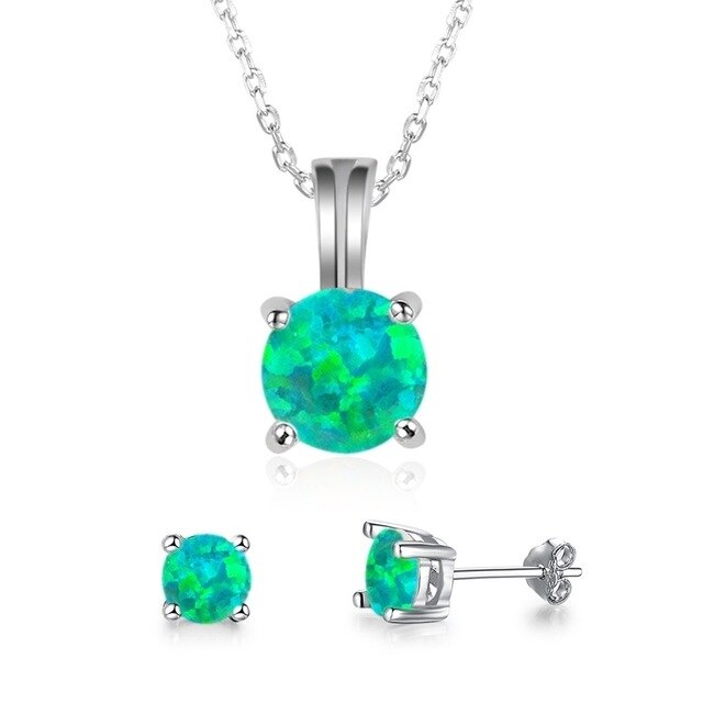 Cute Round Fire Opal Necklace & Stud Earrings Trendy Fashion Jewelry Set-Jewelry Sets-Innovato Design-Green-Innovato Design