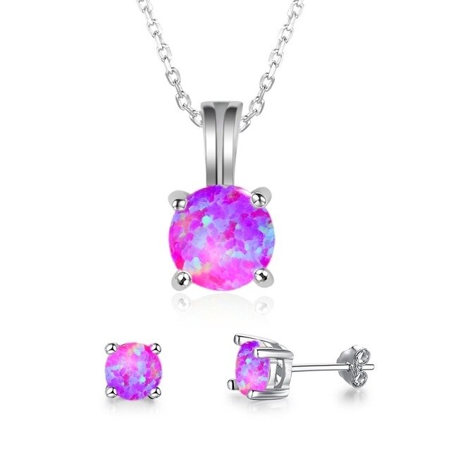 Cute Round Fire Opal Necklace & Stud Earrings Trendy Fashion Jewelry Set-Jewelry Sets-Innovato Design-Purple-Innovato Design
