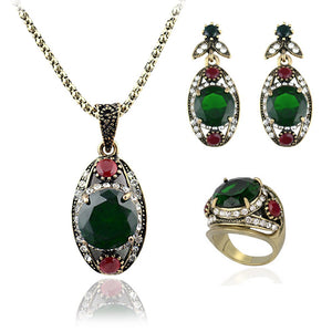 Vintage Green Necklace, Earrings & Ring Turkish Fashion Jewelry Set-Jewelry Sets-Innovato Design-7-Innovato Design