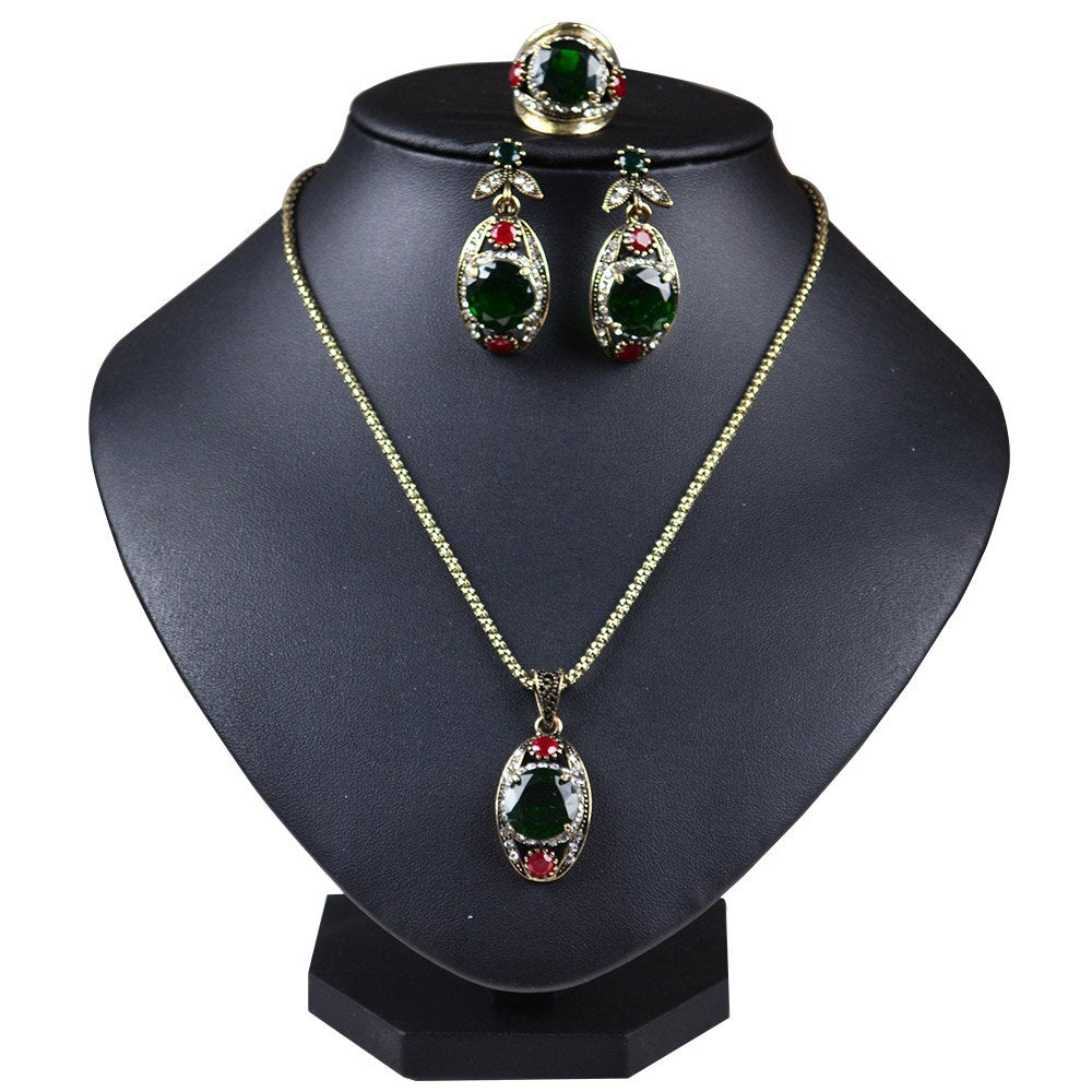 Vintage Green Necklace, Earrings & Ring Turkish Fashion Jewelry Set-Jewelry Sets-Innovato Design-7-Innovato Design