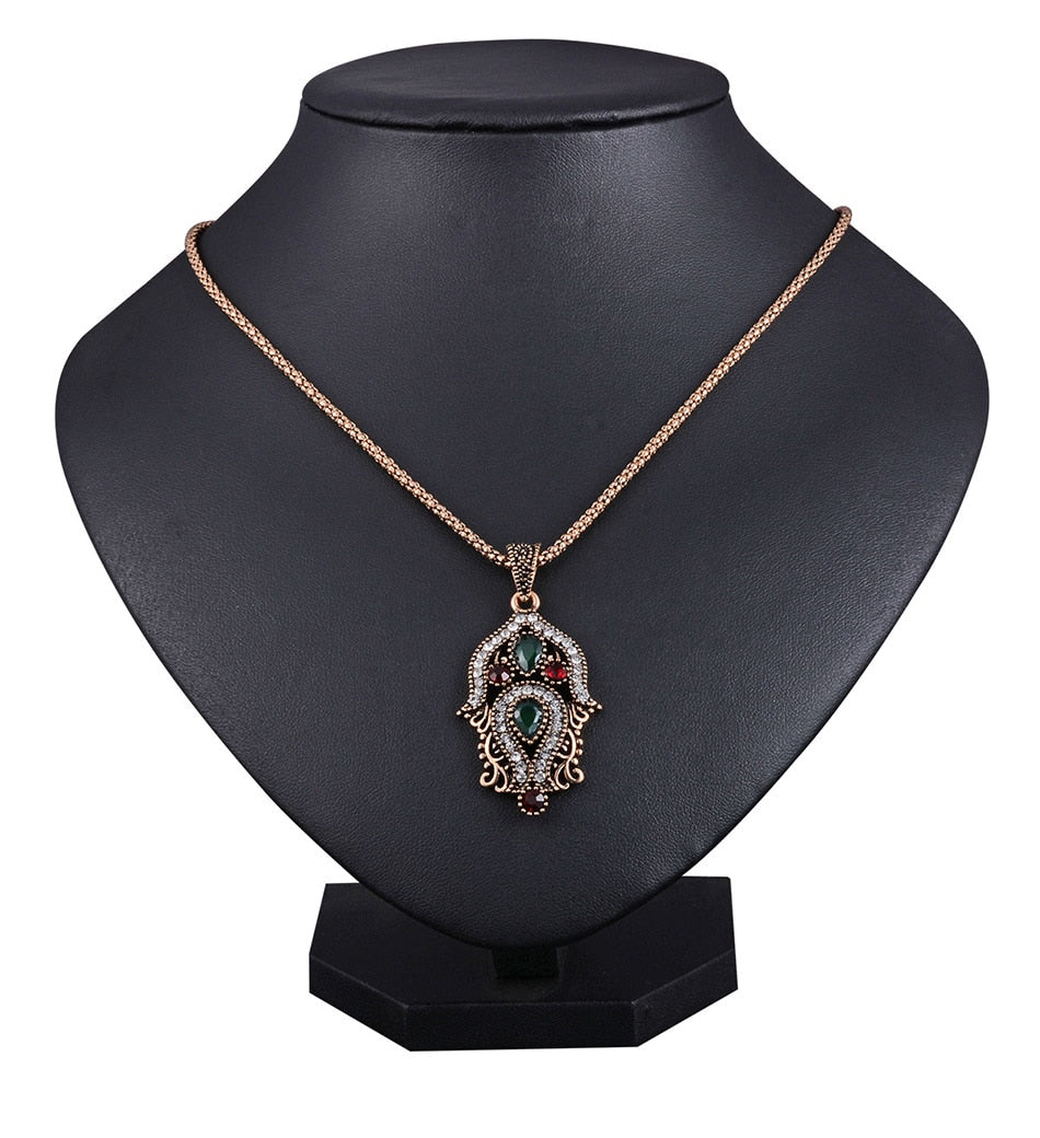 Luxury Indian and Turkish Crystal Flower Necklace & Earrings Vintage Jewelry Set-Jewelry Sets-Innovato Design-Red Green-Innovato Design