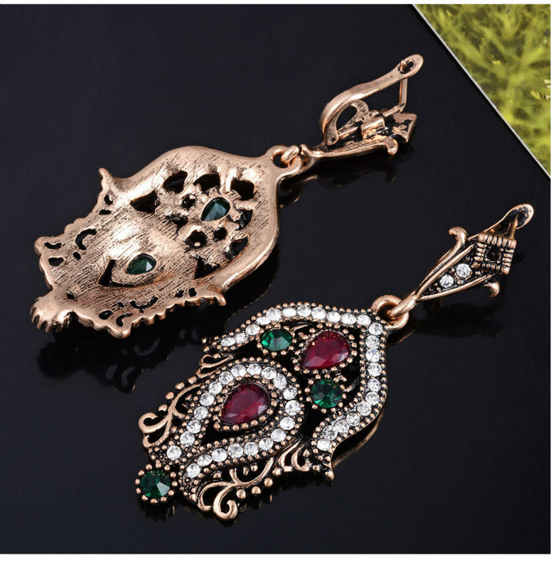 Luxury Indian and Turkish Crystal Flower Necklace & Earrings Vintage Jewelry Set-Jewelry Sets-Innovato Design-Red Green-Innovato Design
