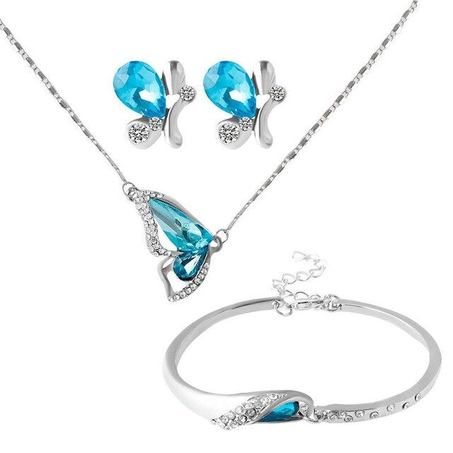 Crystal Butterfly Necklace, Bracelet & Stud Earrings Jewelry Set-Jewelry Sets-Innovato Design-Blue-Innovato Design