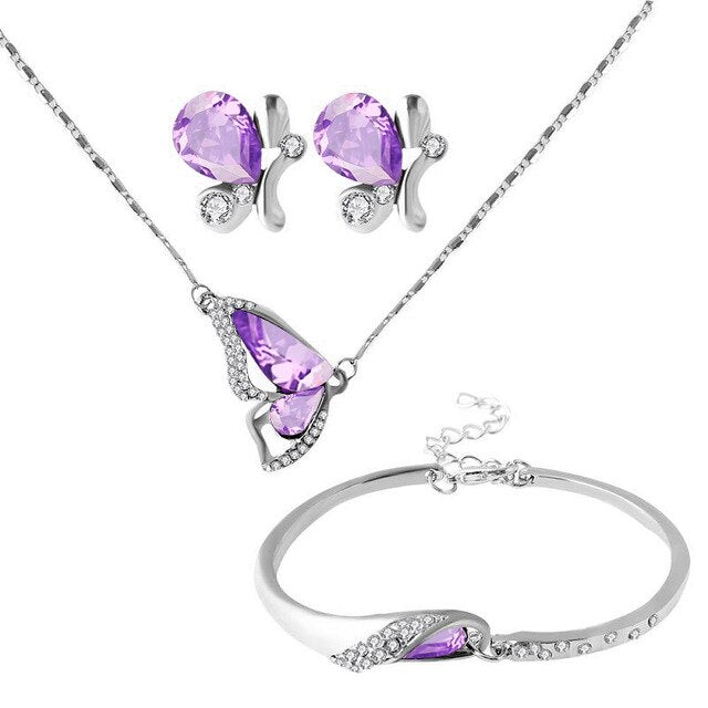 Crystal Butterfly Necklace, Bracelet & Stud Earrings Jewelry Set-Jewelry Sets-Innovato Design-Purple-Innovato Design