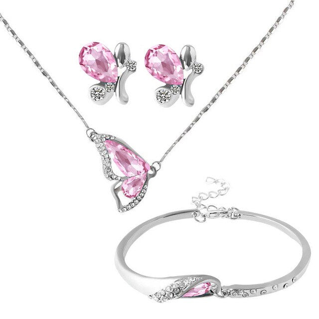 Crystal Butterfly Necklace, Bracelet & Stud Earrings Jewelry Set-Jewelry Sets-Innovato Design-Pink-Innovato Design