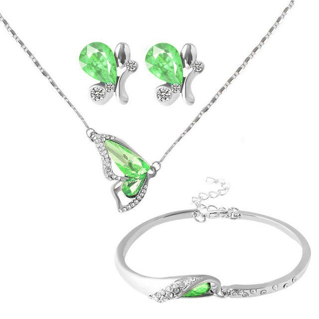 Crystal Butterfly Necklace, Bracelet & Stud Earrings Jewelry Set-Jewelry Sets-Innovato Design-Green-Innovato Design