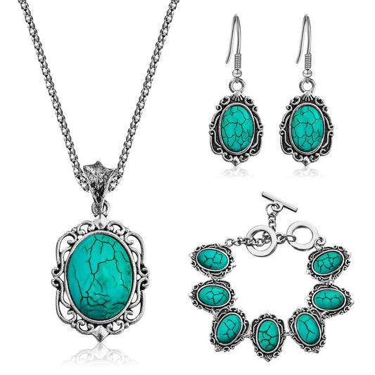 Antique Aquamarine Oval Necklace, Bracelet & Earrings Vintage Wedding Jewelry Set-Jewelry Sets-Innovato Design-Innovato Design