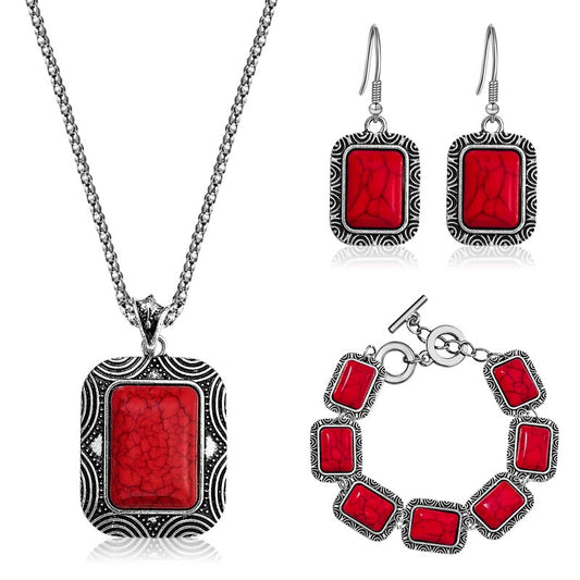 Retro Red Stone Necklace, Bracelet & Earrings Vintage Wedding Jewelry Set-Jewelry Sets-Innovato Design-Innovato Design