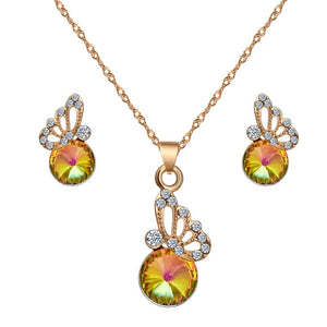 Cubic Zirconia Butterfly and Colorful Crystal Necklace & Earrings Wedding Jewelry Set-Jewelry Sets-Innovato Design-Innovato Design