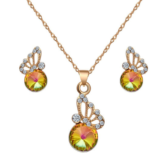 Cubic Zirconia Butterfly and Colorful Crystal Necklace & Earrings Wedding Jewelry Set-Jewelry Sets-Innovato Design-Innovato Design