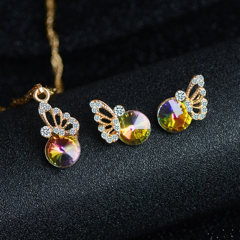 Cubic Zirconia Butterfly and Colorful Crystal Necklace & Earrings Wedding Jewelry Set-Jewelry Sets-Innovato Design-Innovato Design
