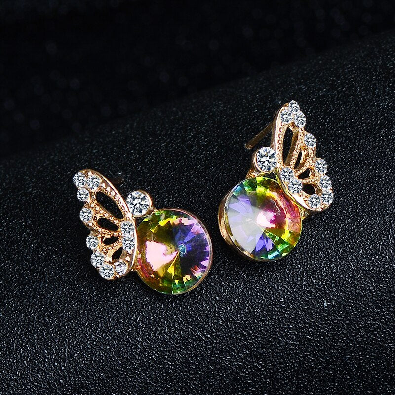 Cubic Zirconia Butterfly and Colorful Crystal Necklace & Earrings Wedding Jewelry Set-Jewelry Sets-Innovato Design-Innovato Design