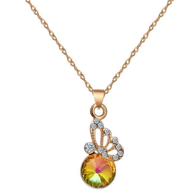 Cubic Zirconia Butterfly and Colorful Crystal Necklace & Earrings Wedding Jewelry Set-Jewelry Sets-Innovato Design-Innovato Design