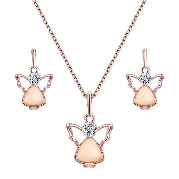Champagne Natural Stone Angel Shape and Cubic Zirconia Necklace & Earrings Jewelry Set-Jewelry Sets-Innovato Design-Innovato Design