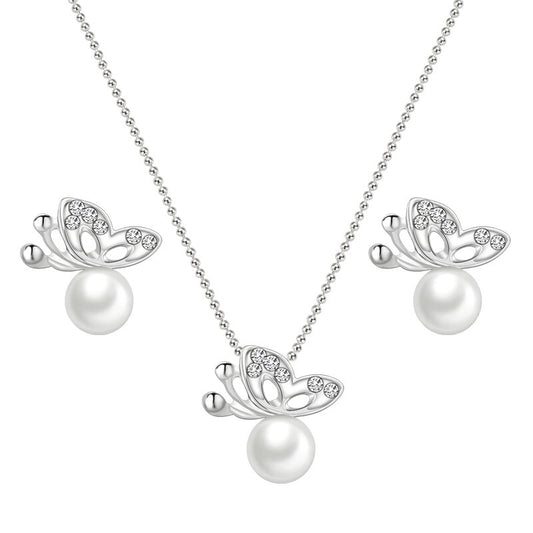 Rhinestone Butterfly and Pearl Necklace & Earrings Wedding Jewelry Set-Jewelry Sets-Innovato Design-Innovato Design