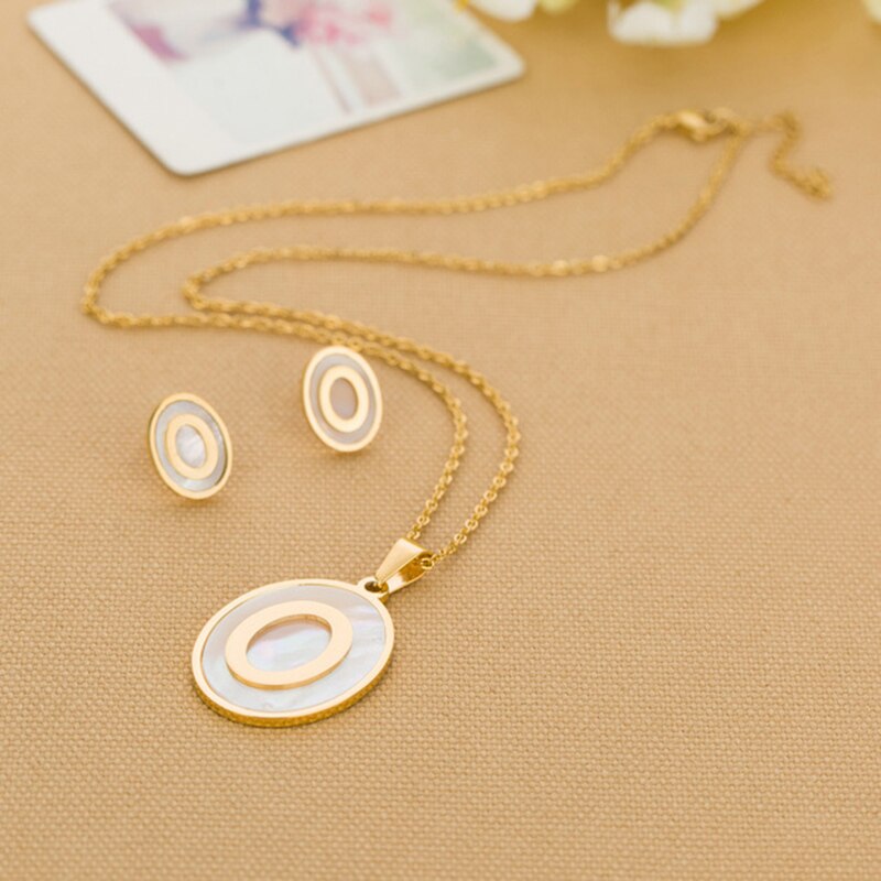 Circular Shell Gold-Plated 316L Stainless Steel Necklace & Earrings Jewelry Set-Jewelry Sets-Innovato Design-Innovato Design