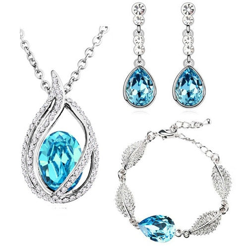 Austrian Crystal Flame Necklace, Bracelet & Earrings Fashion Jewelry Set-Jewelry Sets-Innovato Design-Ocean Blue-Innovato Design
