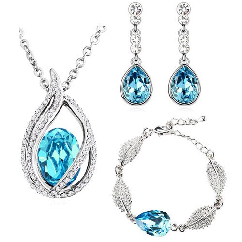 Austrian Crystal Flame Necklace, Bracelet & Earrings Fashion Jewelry Set-Jewelry Sets-Innovato Design-Ocean Blue-Innovato Design