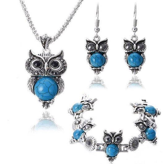 Romantic Vintage Stone Owl Necklace, Bracelet & Earrings Fashion Jewelry Set-Jewelry Sets-Innovato Design-Blue-Innovato Design