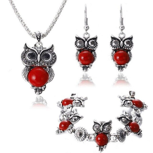 Romantic Vintage Stone Owl Necklace, Bracelet & Earrings Fashion Jewelry Set-Jewelry Sets-Innovato Design-Red-Innovato Design
